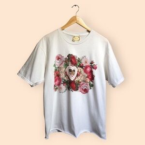 Vintage 1993 Victorian Joys Hearts Roses Floral T-shirt Cottagecore Feminine M/L